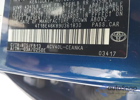 2009 Toyota Camry Le from USA, damaged, VIN 4T1BE46K89U361830